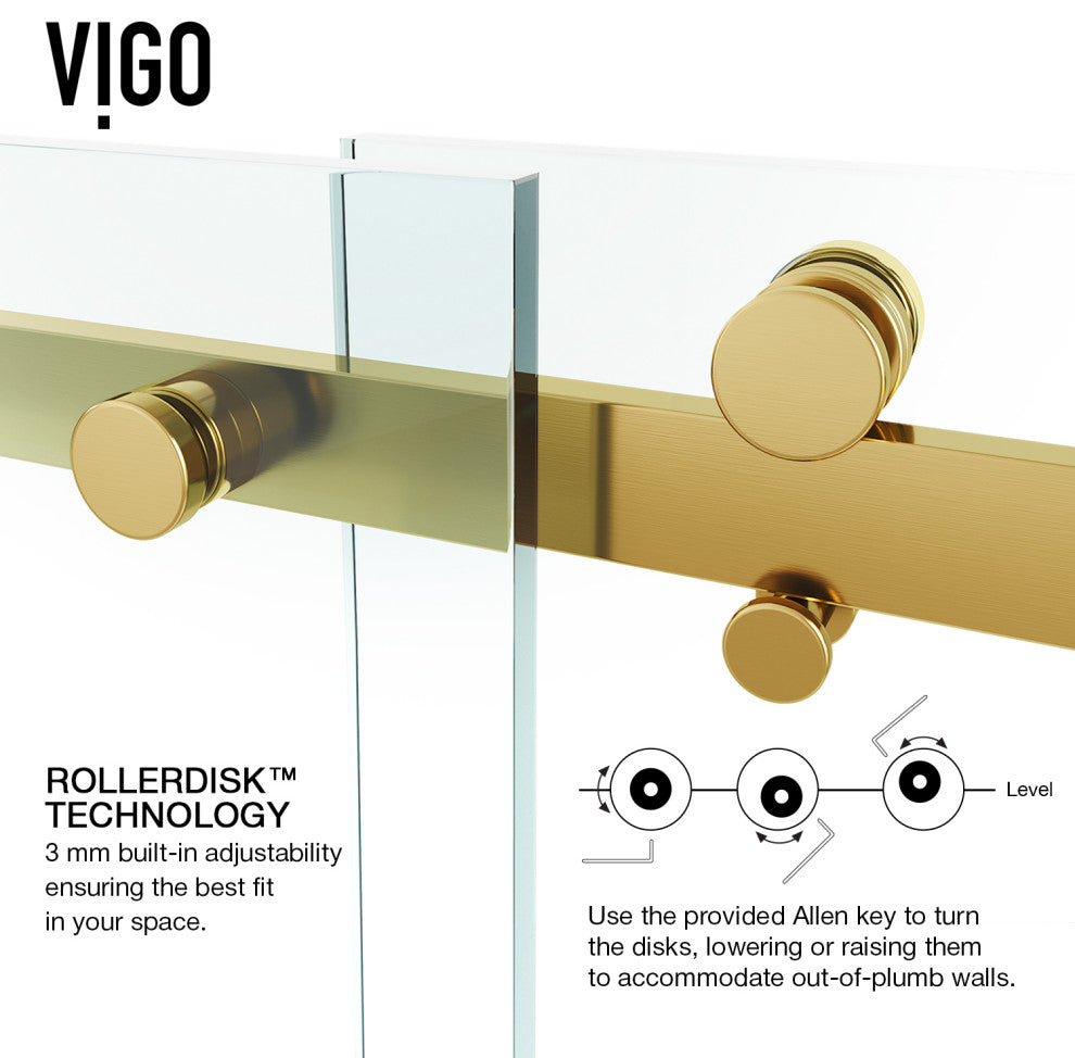 VIGO Luca 56" to 60" W x 79" H Frameless Sliding Shower Door, Matte Brushed Gold, Clear Glass