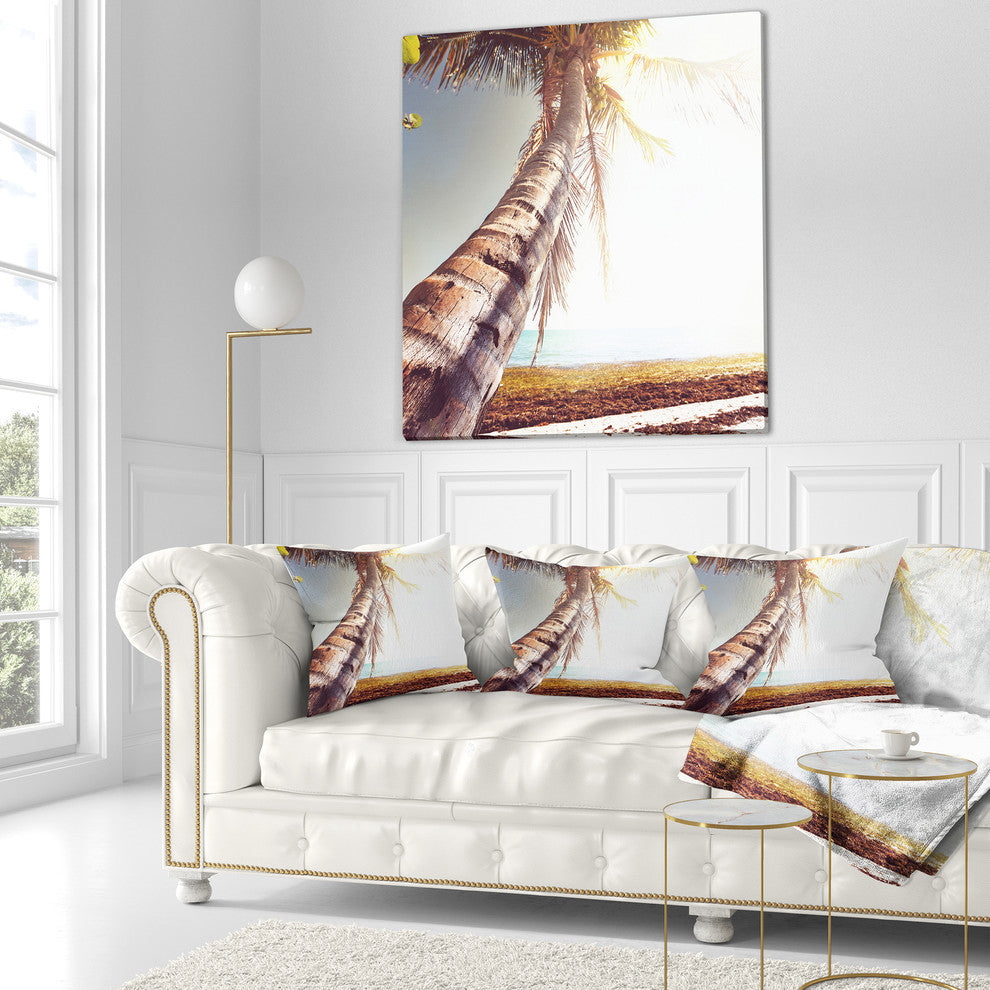 Huge Bent Coconut Tree To Beach Landscape Wall Throw Pillow, 16"x16"