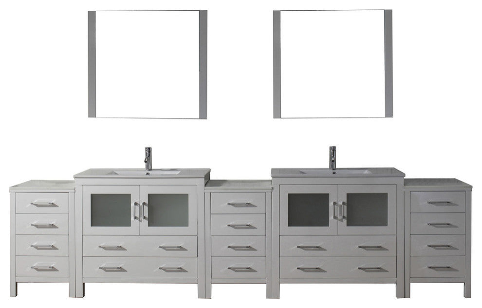 Virtu Dior 118" Double Bathroom Vanity, White, Polished Chrome Faucet, Mirrors