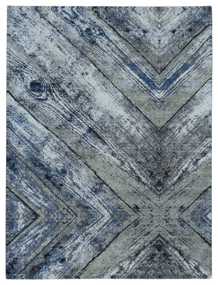Gray, THE WOOD GRAIN Design, Silk With Wool, Hand Knotted Rug, 9'x12'1"