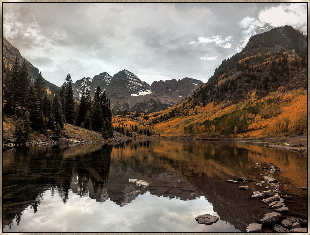 40x30 Colorado Maroon Bells, Framed Artwork, Silver