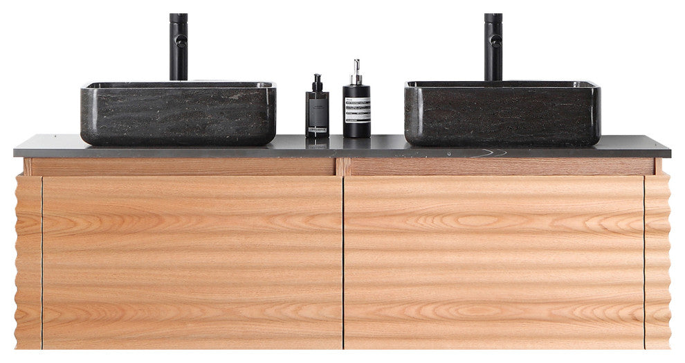 OCALA Wall Mount Modern Bathroom Vanity, Maple, 60", Double-Sink