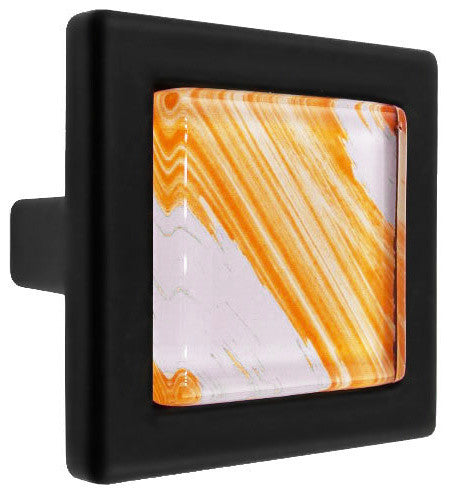Hand Brushed Orange Tilted Strokes Crystal Glass Black Metal Square Manor Knob