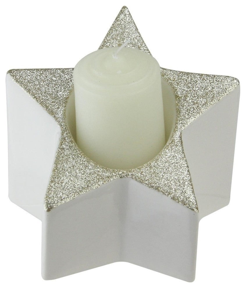4" Glittered and White Star Pillar Candle Holder Decoration