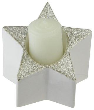 4" Glittered and White Star Pillar Candle Holder Decoration