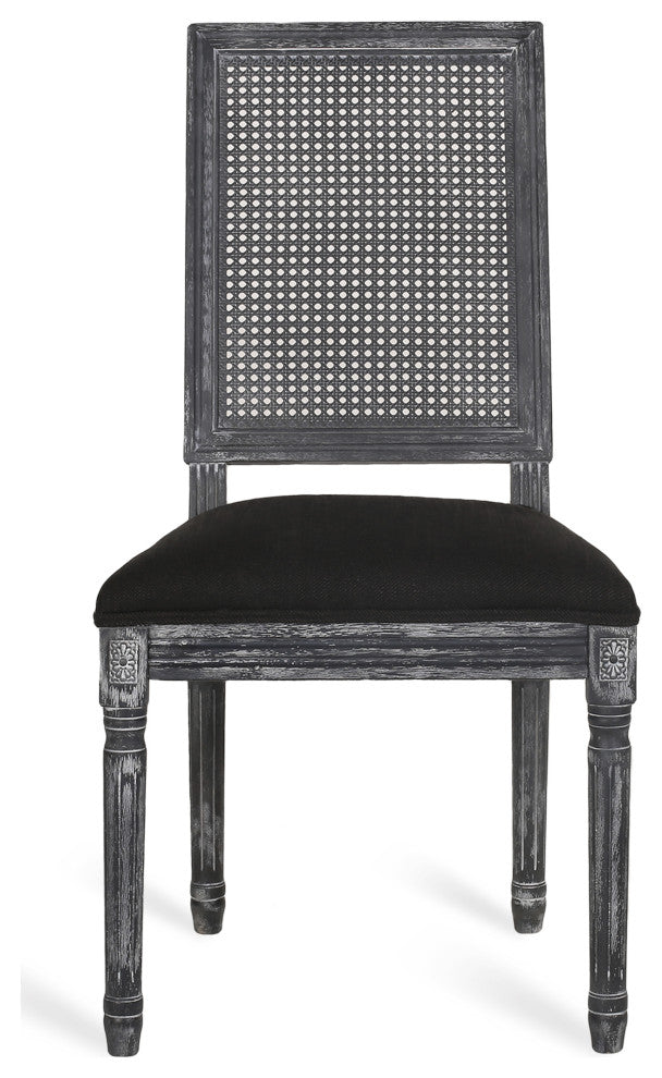 Whitten Farmhouse Fabric Upholstered Wood and Cane 7 Piece Dining Set, Black + Gray + Rustic Metal + Natural Stained
