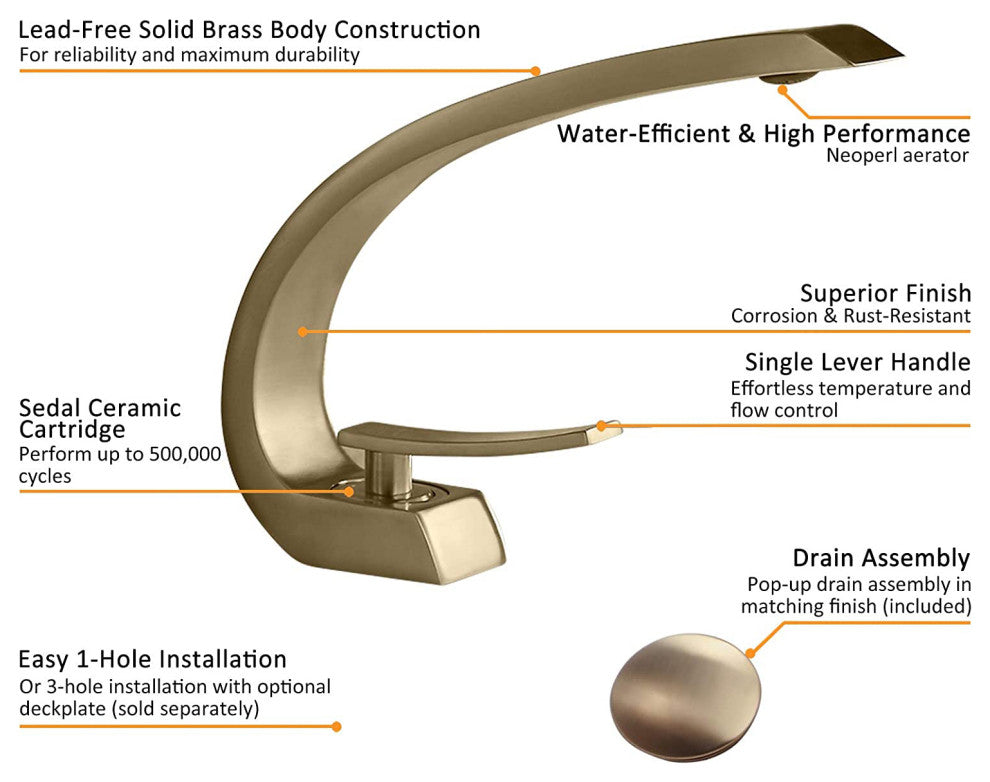 Single Hole 1-Handle Bathroom Sink Faucet Curved Spout with Pop Up Drain, Brushed Gold