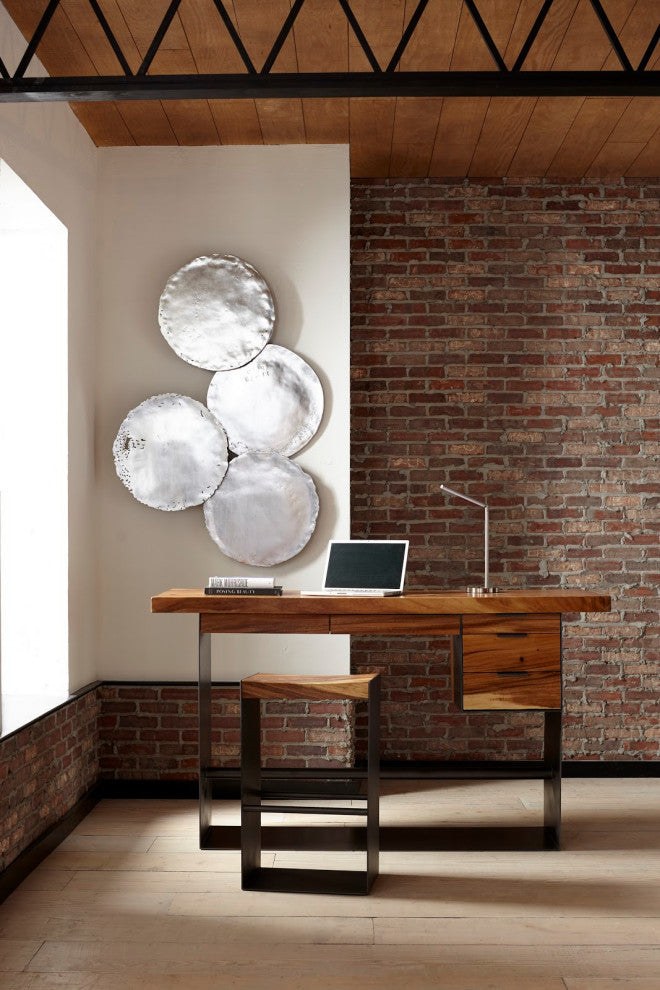 Iron Frame Standing Desk With Drawers, Chamcha Wood, Natural, Bar Height