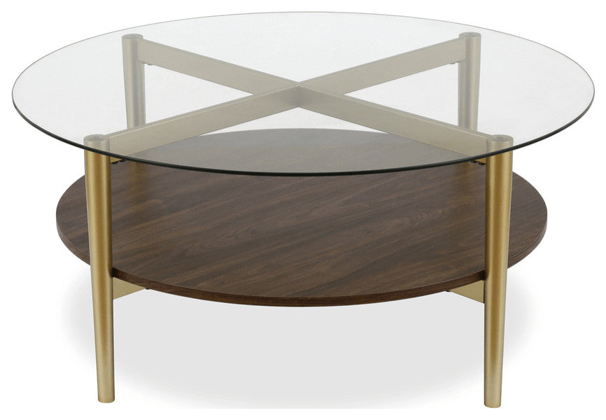 36" Gold Glass And Steel Round Coffee Table With Shelf