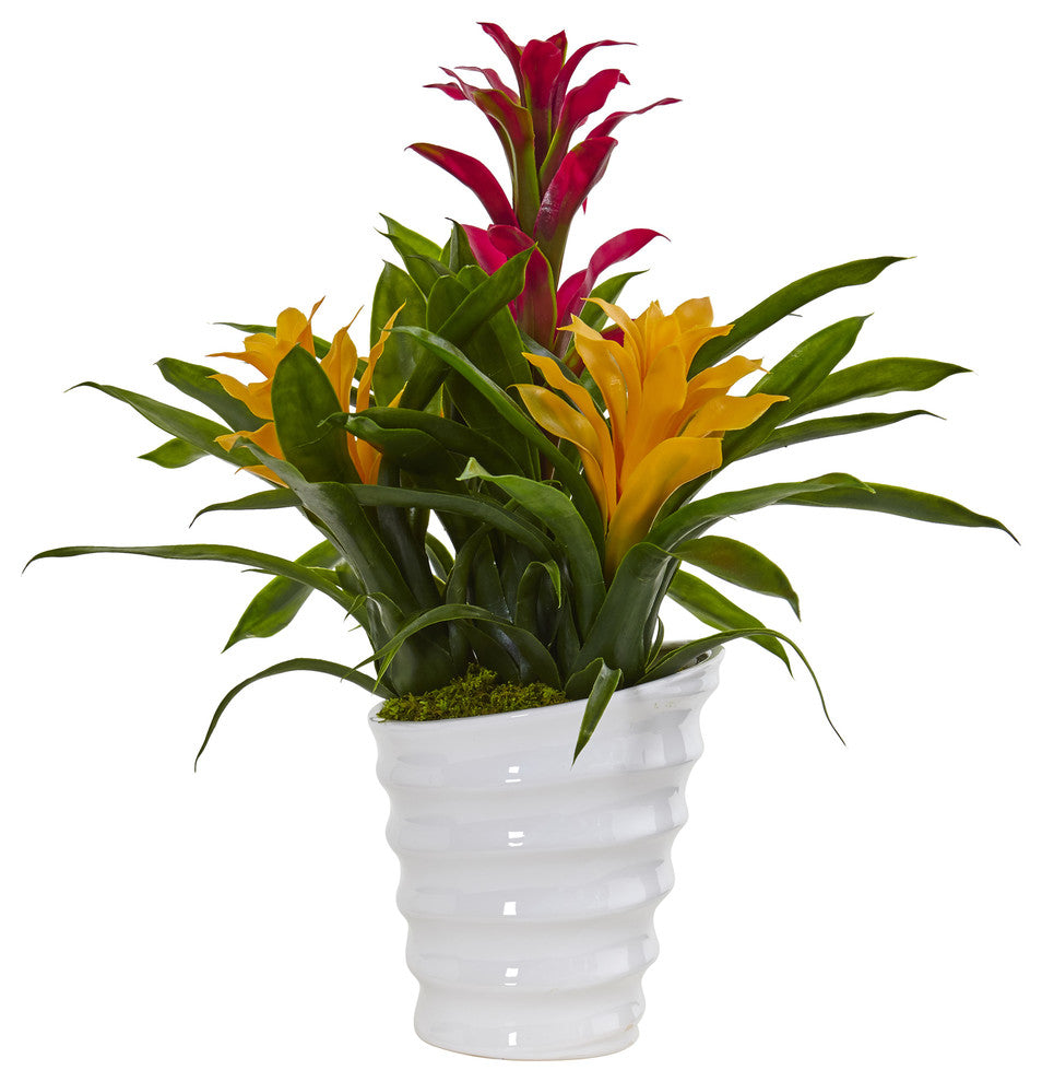 Tropical Bromeliad Artificial Plant, White Swirl Vase