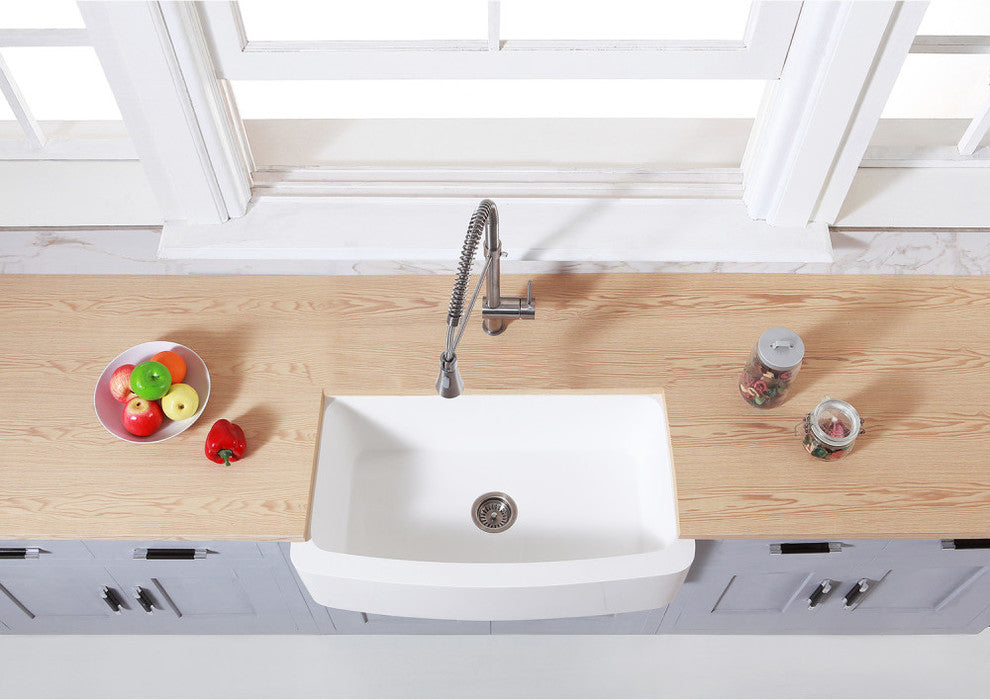 Solid Surface 33x22" Apron Front Farmhouse Single Bowl Kitchen Sink, Matte White