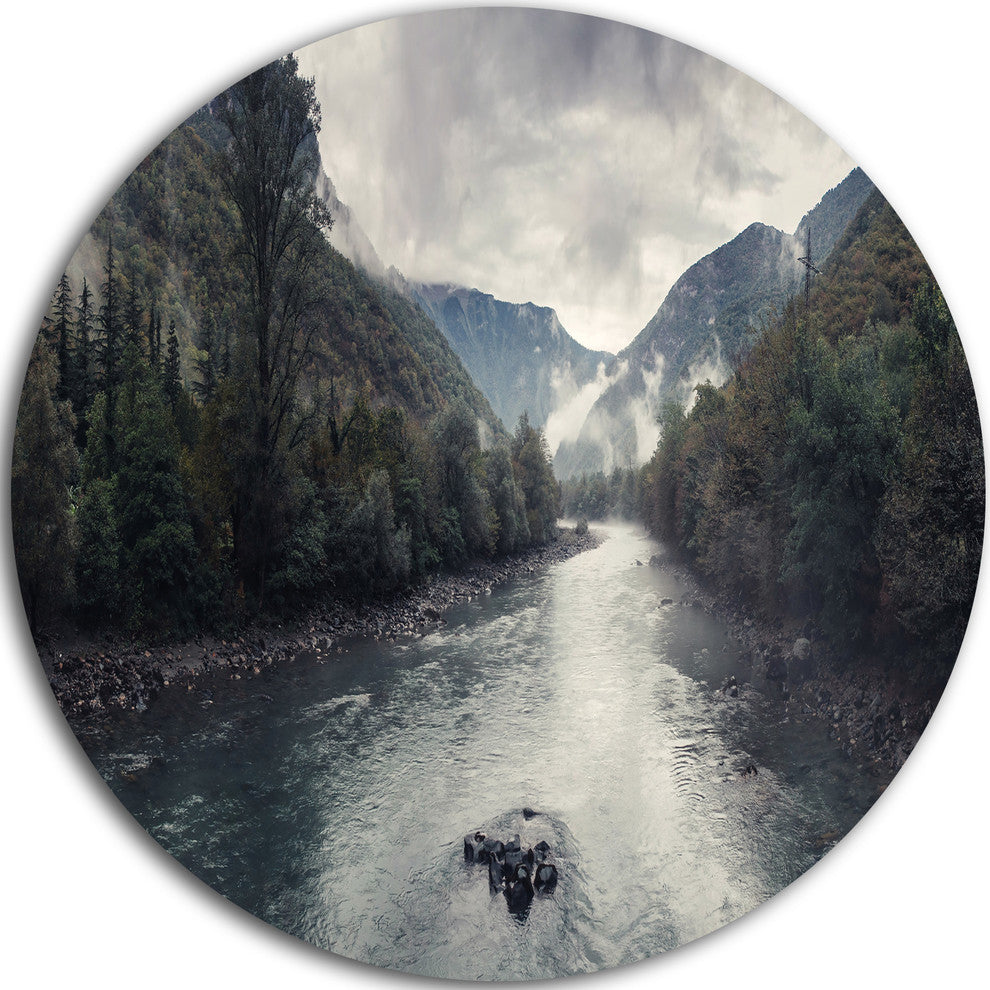 Mountain River With Fog And Rain, Modern Seascape Round Wall Art, 11"