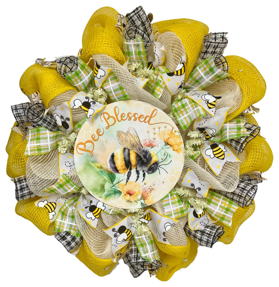 Bee Blessed Welcome Wreath Handmade Deco Mesh 24 inch or 28 inch diameter, Extra Large 28 Inch Diameter