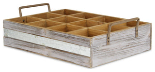 Wooden 12 Compartment Caddy With Metal Accent And Side Handles