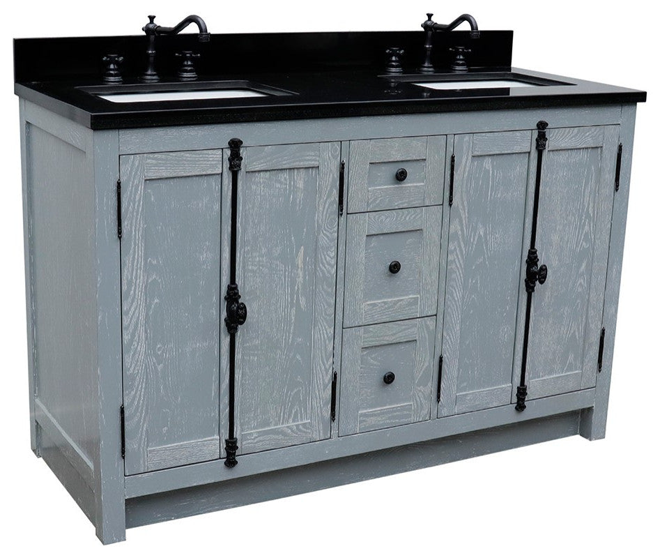 55" Double Vanity, Gray Ash Finish With Black Galaxy Granite Top