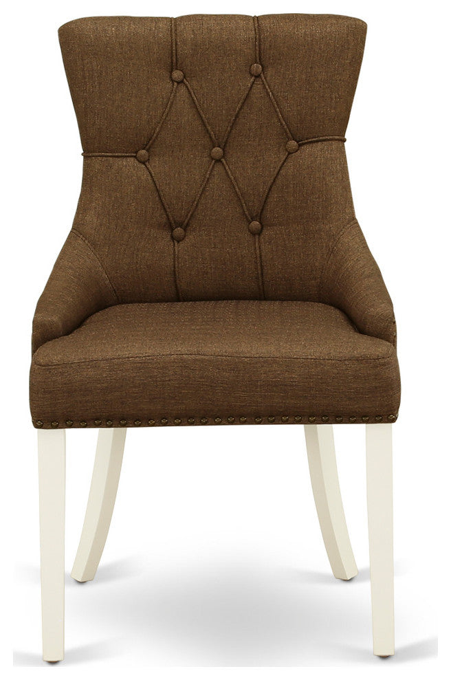 3Pc Dinette Set, Rounded Table, Two Chairs, Dark Coffee Fabric, Linen White