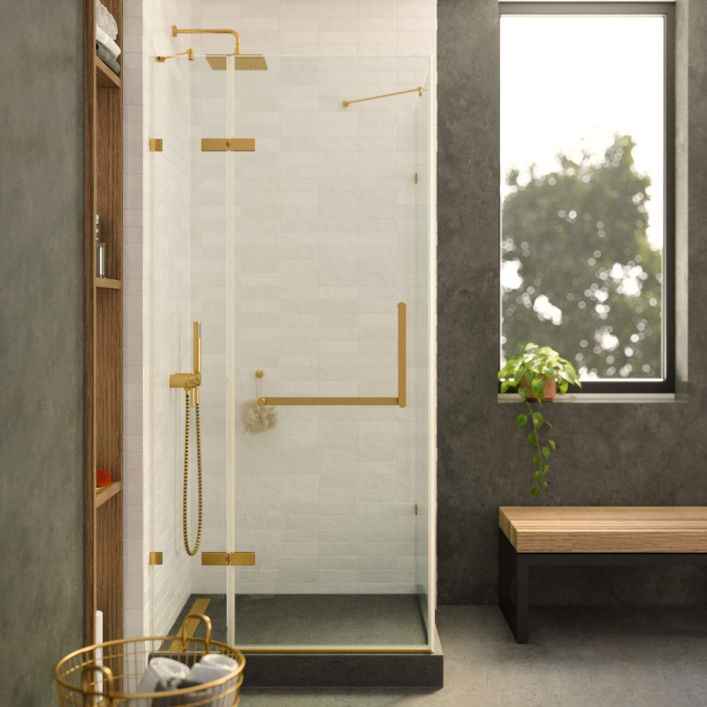 Shower Enclosure Hinged Frameless Tempered Glass, Satin Brass, 32"