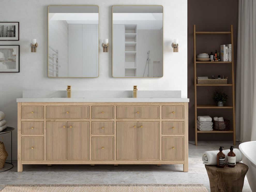 Sonoma Teak 84" Double Sink Vanity, Dark Natural With 2" Carrara Quartz