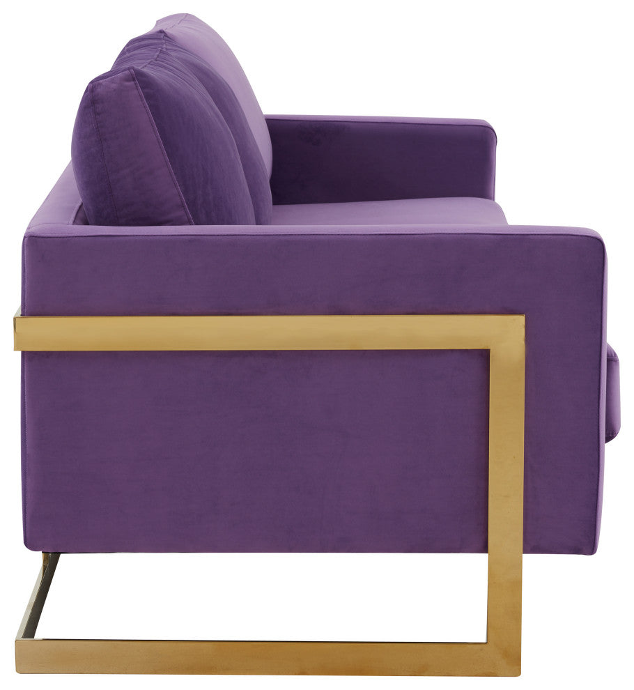 LeisureMod Lincoln Modern Velvet Sofa With Gold Frame, Purple