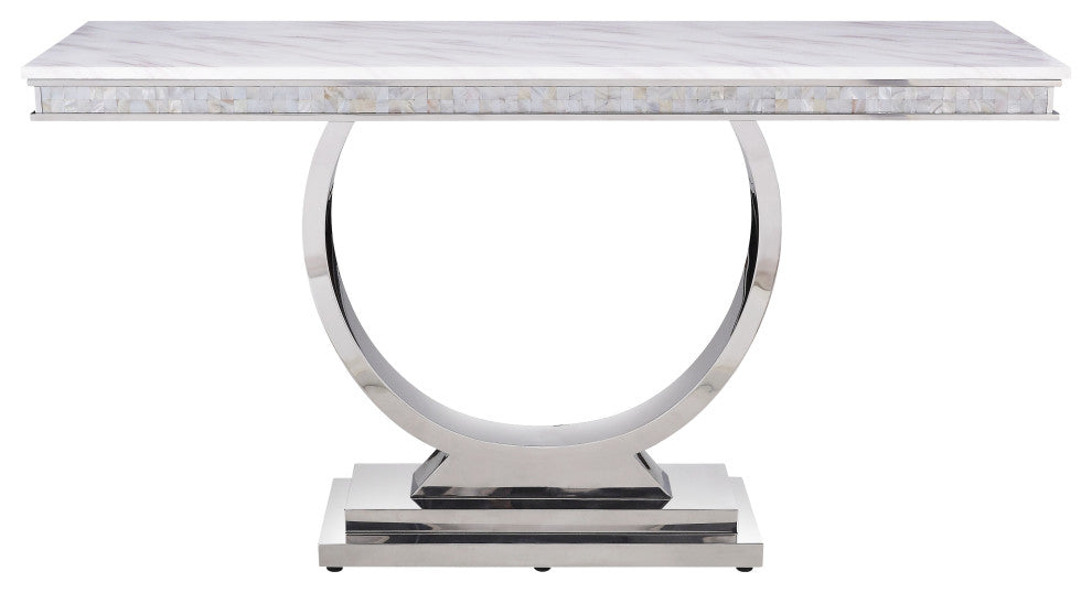 Zander Sofa Table, White Printed Faux Marble and Mirrored Silver Finish