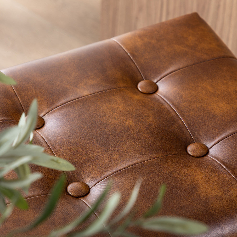 Set of 2 Button Tufted Faux Leather Counter Stools, Yellowish-Brown, 24 in