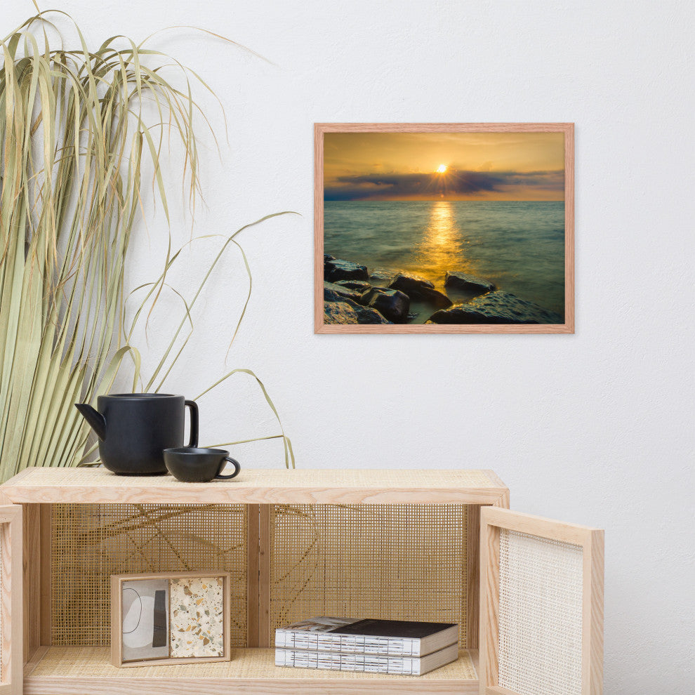 Sun Ray on the Water Coastal Landscape Framed Photo Paper Wall Art Print, Red Oak, 16" X 20"