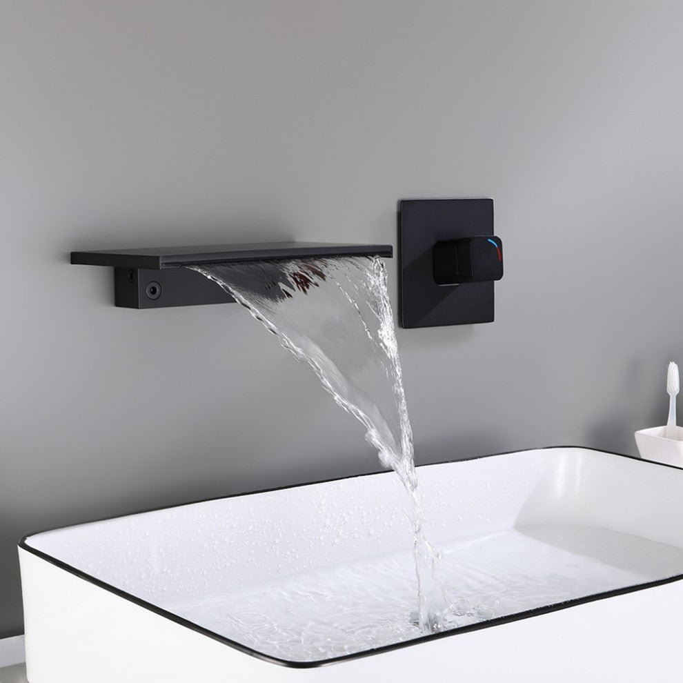 Waterfall Wall Mount Bathroom Sink Faucet Single Knob Solid Brass Matte Black