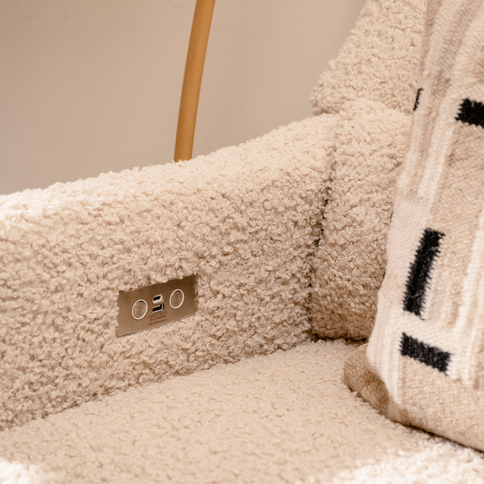 Kiwi Electronic Recliner and Swivel Glider With USB port, Almond Teddy Loop With Light Wood Base