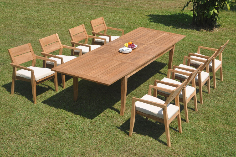 9-Piece Outdoor Teak Dining 122" X-Large Rectangle Table, 8 Celo Stacking Chairs