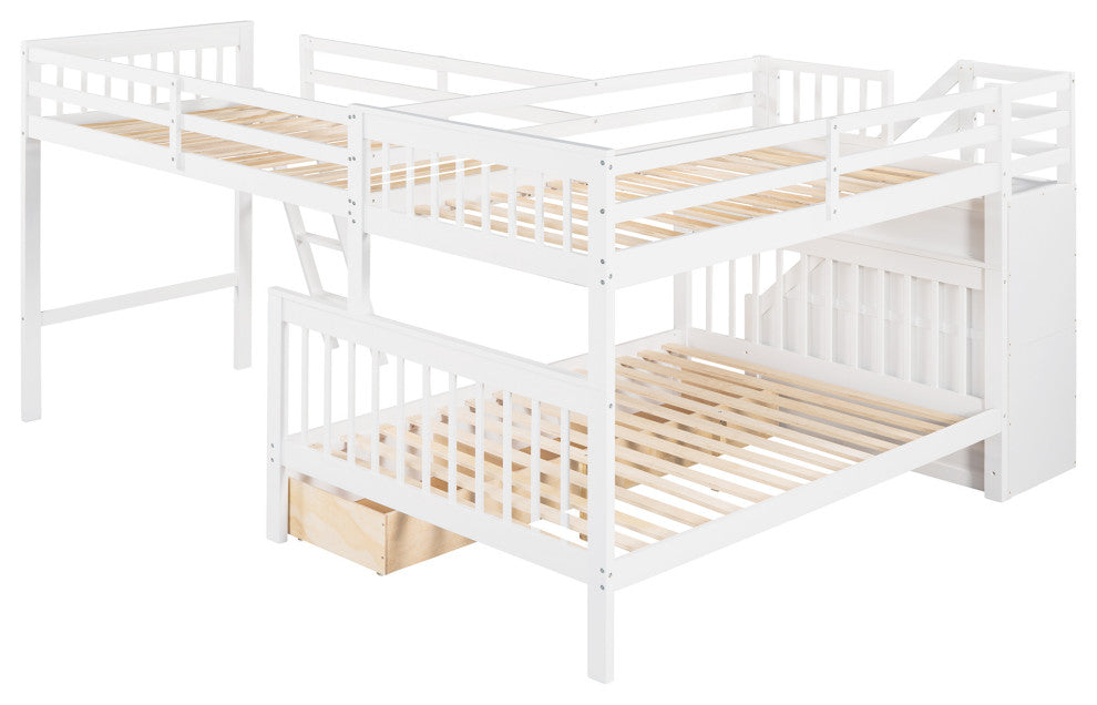 Gewnee Wood Twin over Full L-Shaped Bunk Bed With 3 Drawers in White