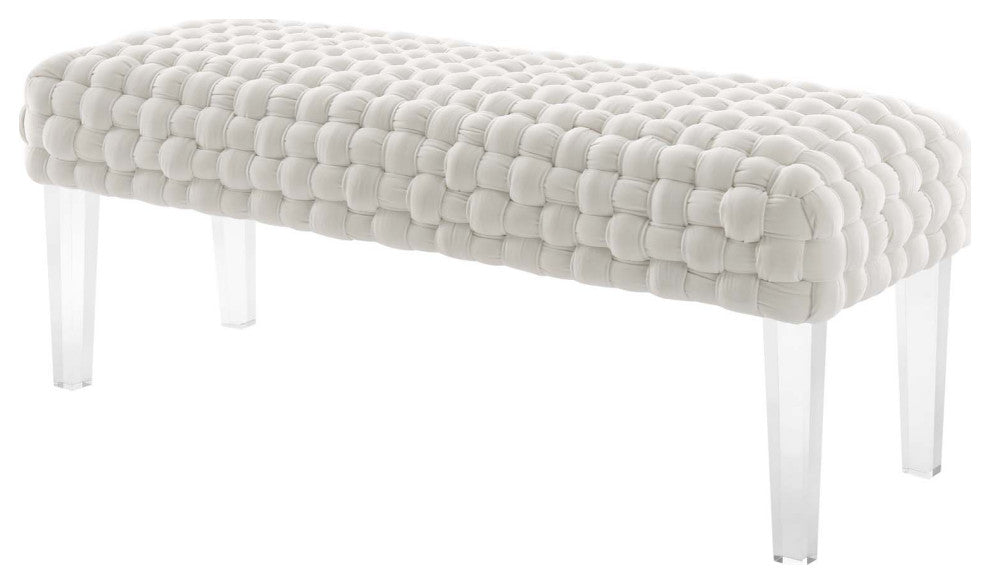 Ottoman Bench, White, Velvet, Modern, Mid Century Hotel Lounge Cafe