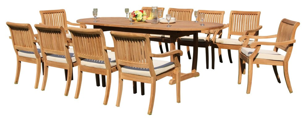 11-Piece Outdoor Teak Dining Set 94" Masc Oval Tbl, 10 Arbor Stacking Arm Chairs
