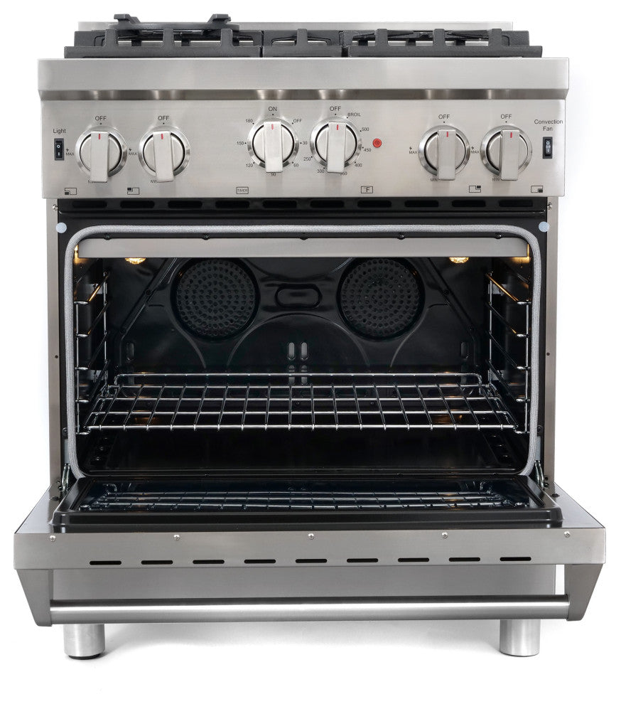 30" Gas Range 4 Piece Stainless Steel Package Range Hood Dishwasher Refrigerator
