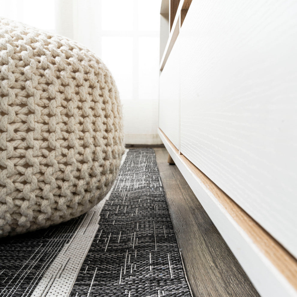Colonia Berber Stripe Indoor/Outdoor Rug, Black/Ivory, 2x10