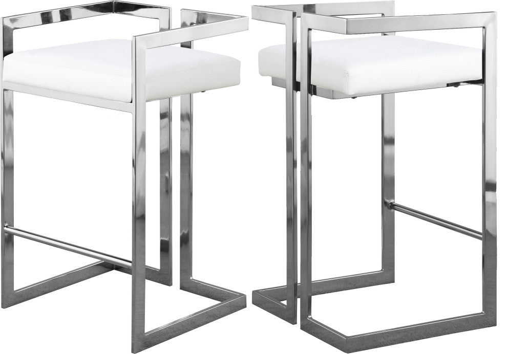 Ezra Counter Stool, Set of 2, White Vegan Leather, Chrome Base