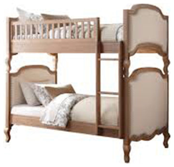 82" X 44" X 73" Twin Over Twin Cream Linen Salvage Oak Fabric Bunk Bed