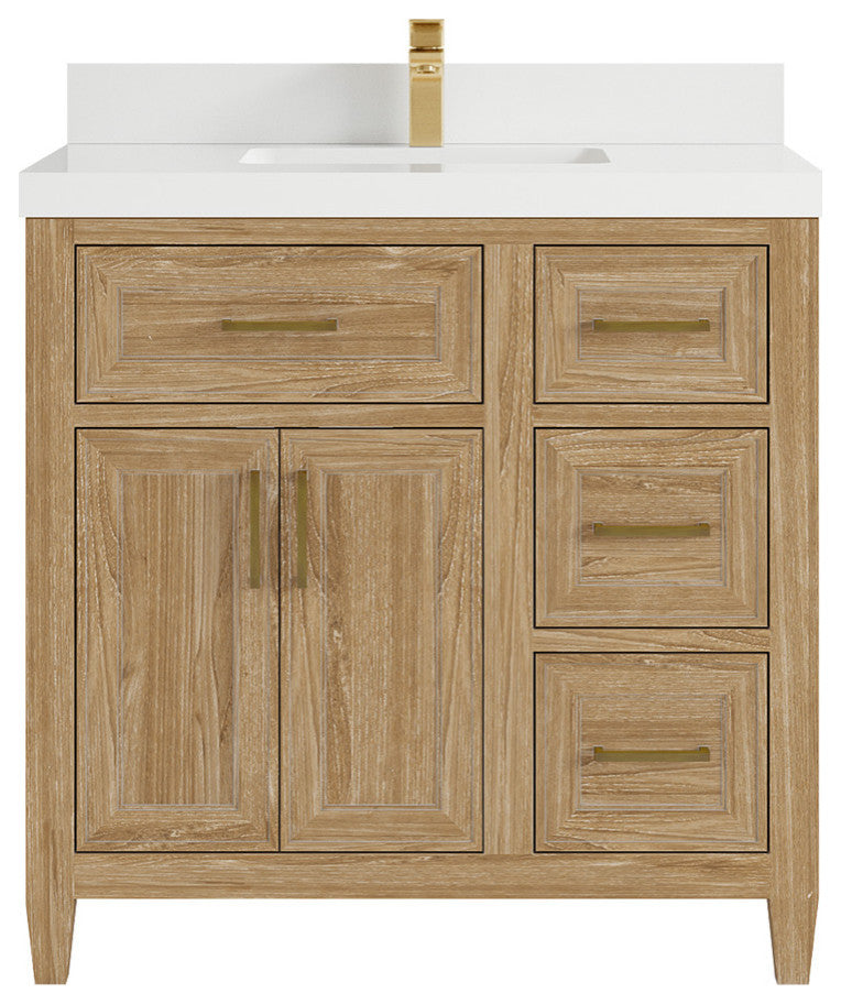 Santa Monica 36 Center Sink Bath Vanity in Whitewashed Teak 2" White Quartz