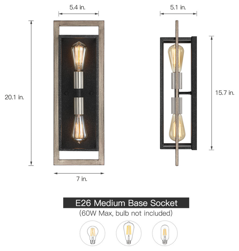 Black/Wood Tone Dimmable Rustic Farmhouse Wall Sconce, 20.1" H