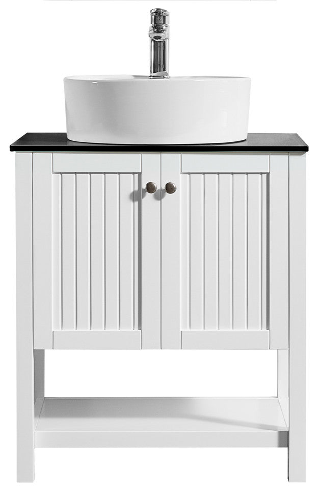 28"? Vanity in White with Glass Countertop with White Vessel Sink Without Mirror