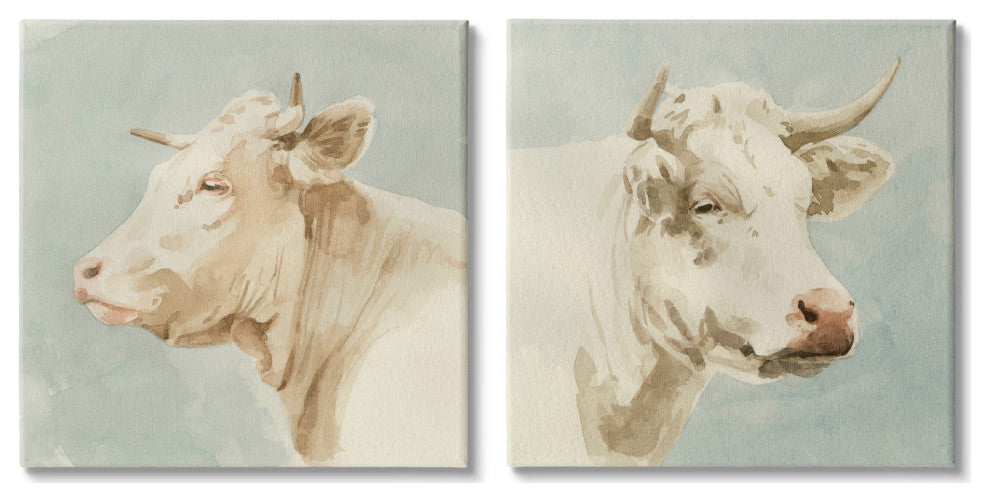 Vintage Farm Cattle Cows Watercolor Portrait Beige Blue,24 x 24