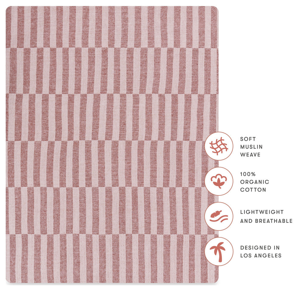 All-Stages Midi Crib Sheet, GOTS Certified Organic Muslin Cotton, Maroon Stripe