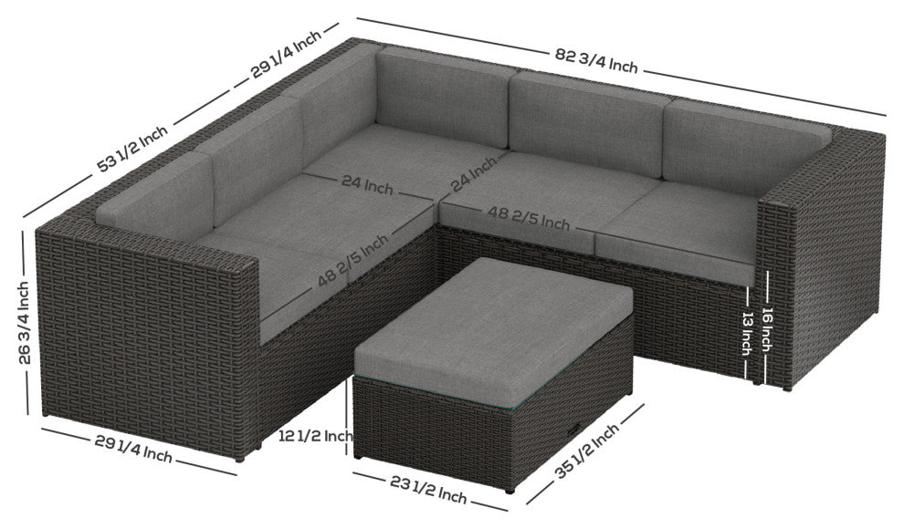 WestinTrends 6PC Outdoor Patio Wicker Sofa Sectional w/ Ottoman, Coffee Table, Coffee/Gray