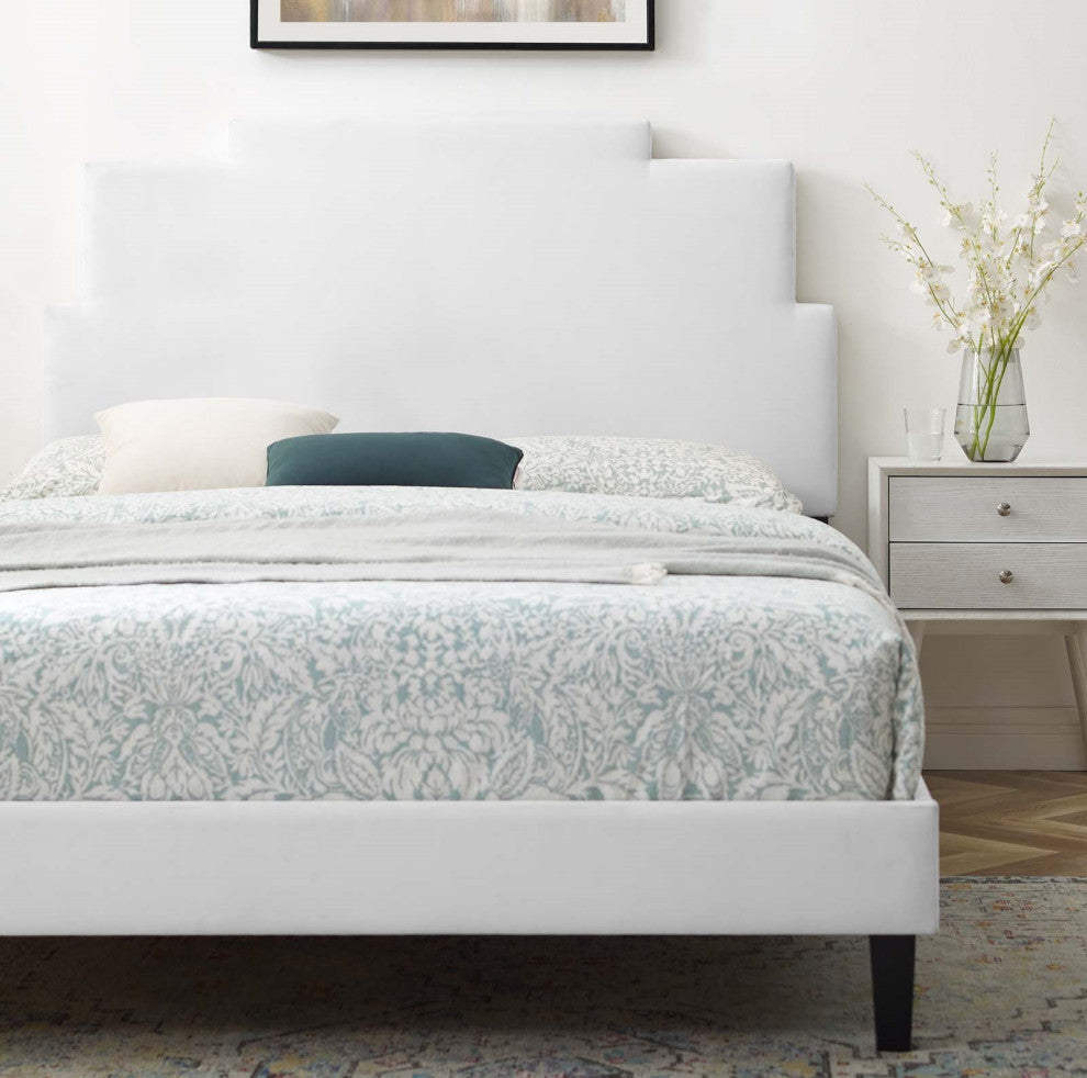 Platform Bed Frame, King Size, Velvet, White, Modern Contemporary, Bedroom