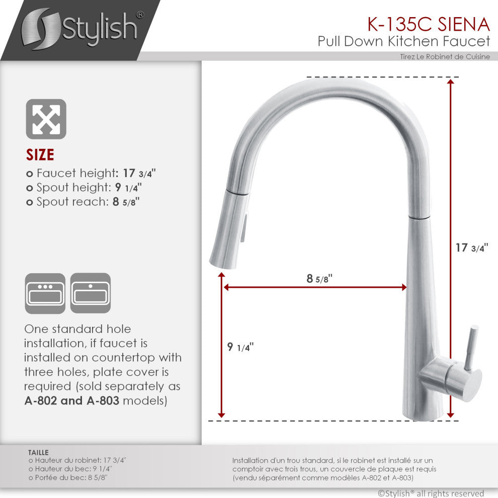 STYLISH Kitchen Sink Faucet Single Handle Pull Down Dual Mode Stainless Steel