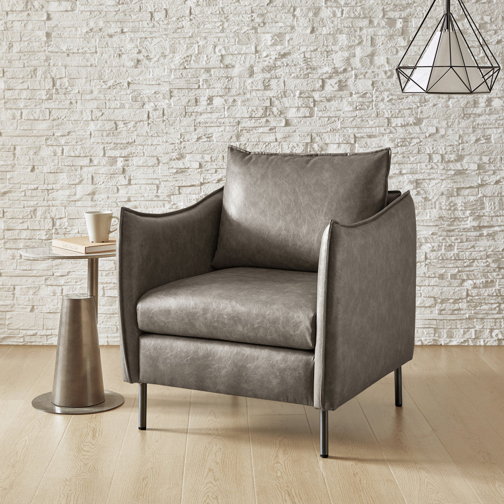 Traditional Leather Armchair With Metal Legs, Gray