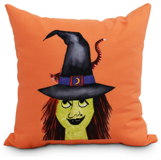 Witches Hat 16" Orange Halloween Print Decorative Throw Pillow