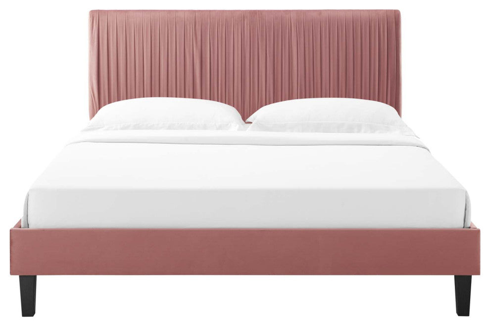 Platform Bed Frame, Twin Size, Velvet, Pink, Modern Contemporary, Bedroom Master