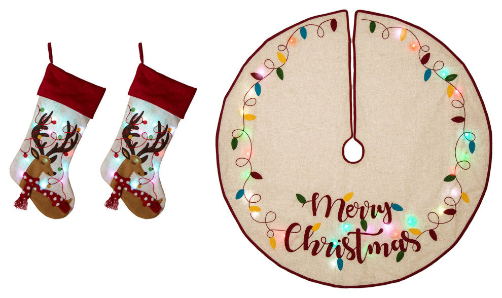 Set of 3 LED Embroidered Linen Christmas Decoration, Stocking and Tree Skirt