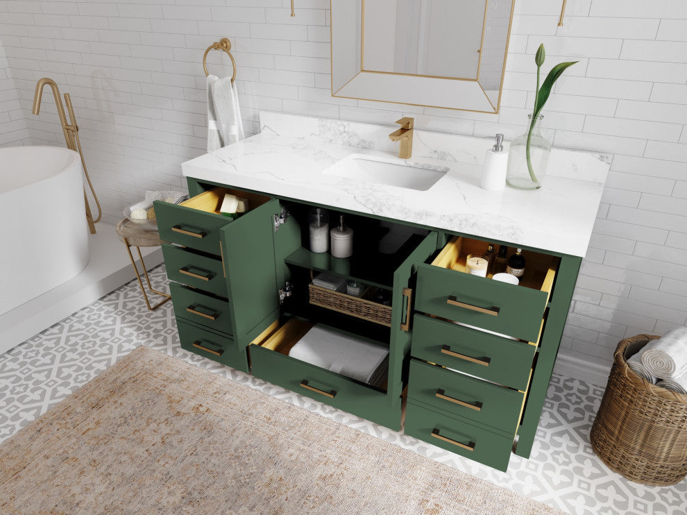 Malibu 60 Single Sink Bathroom Vanity in Lafayette Green 2" Calacatta Sienna
