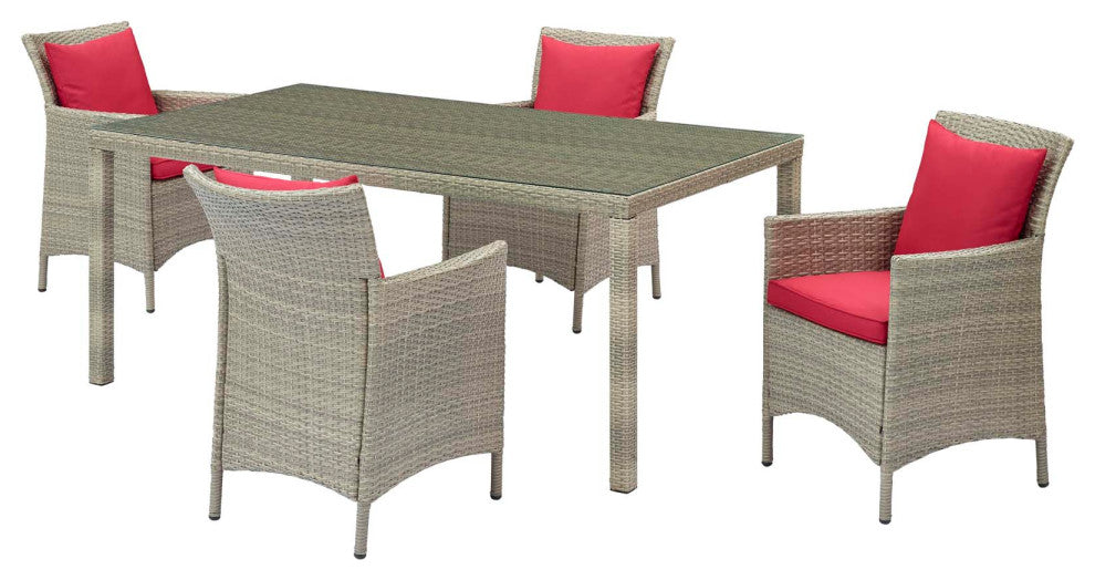 Side Dining Chair and Table Set, Rattan, Wicker, Gray Red, Modern, Outdoor